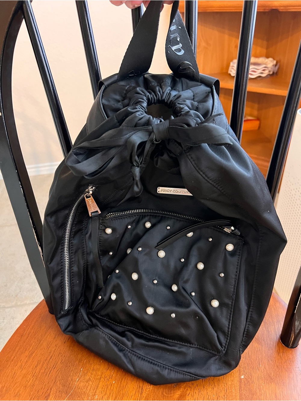Juicy Couture Black Pearl-Studded Drawstring Backpack
